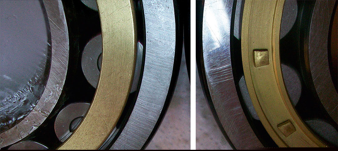 Left: single-piece machined brass cage with broached pocket; Right: counterfeit two-piece cage with rivets
